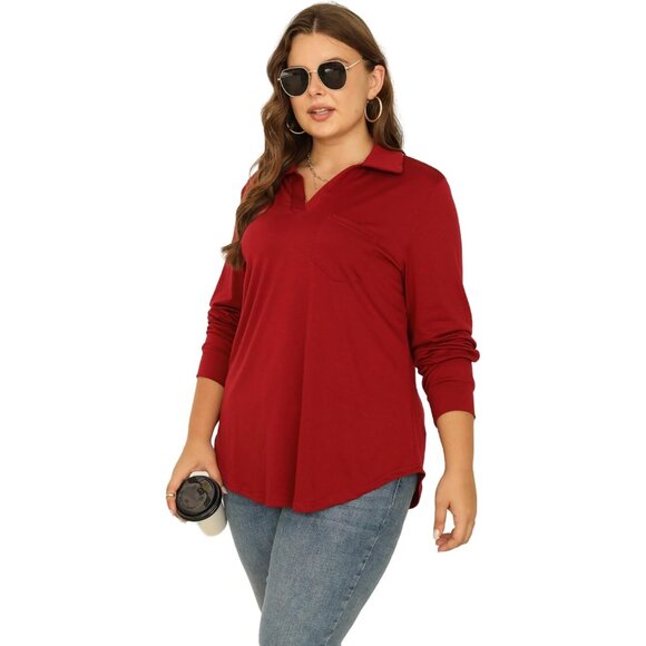 Women Plus Size Long Sleeve V Neck Collared Work Blouse Casual Tunic - Picture 6 of 8